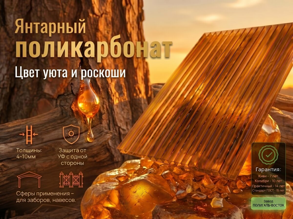 Сотовый поликарбонат 6 мм янтарный 25% КИВИ 2100*12000мм
