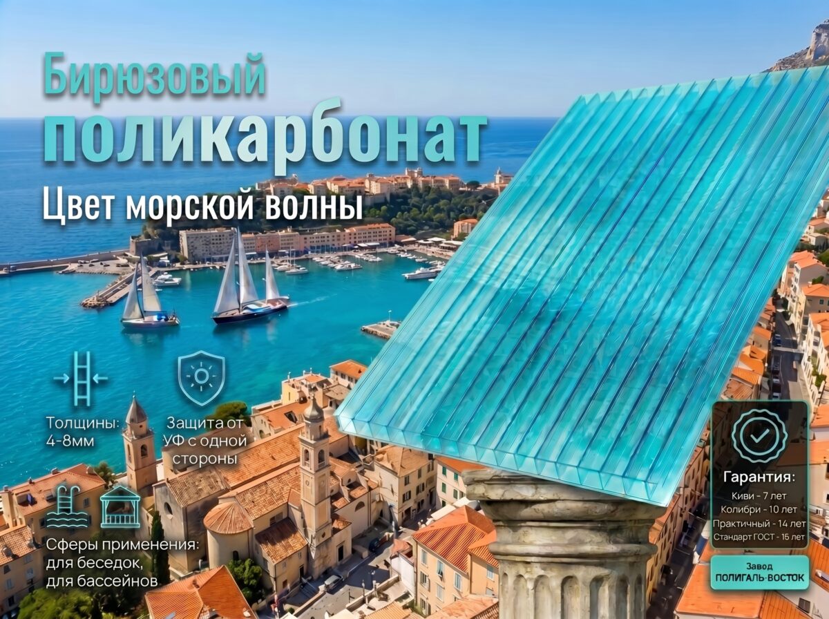 Сотовый поликарбонат 4 мм бирюзовый 52% Колибри 2100*12000мм