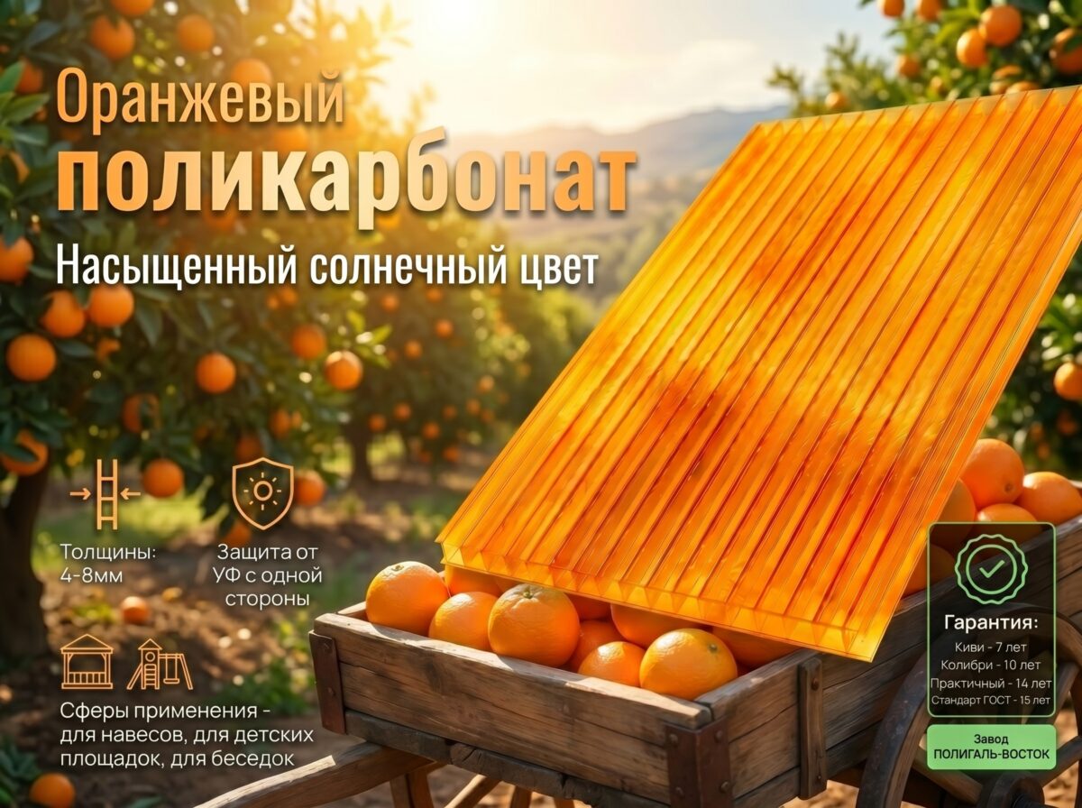 Сотовый поликарбонат 3,7 мм оранжевый 55% КИВИ 2100*12000мм