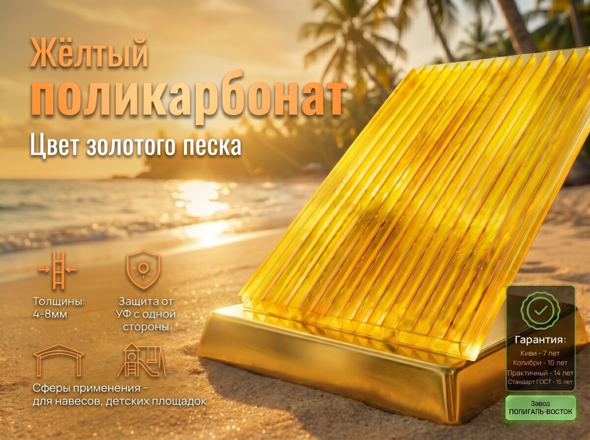 Сотовый поликарбонат 10 мм желтый 70% Колибри 2100*12000мм