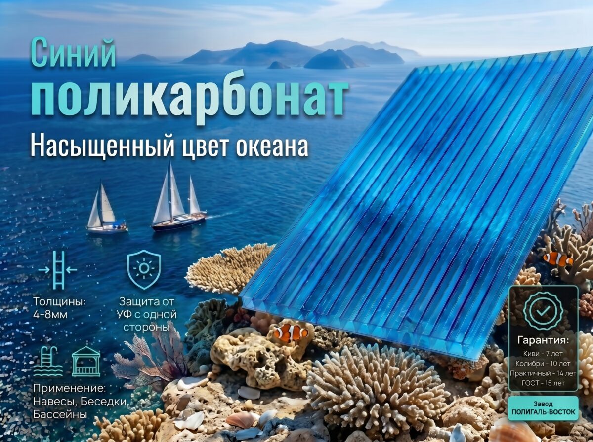 Сотовый поликарбонат 10 мм синий 30% Колибри 2100*12000мм