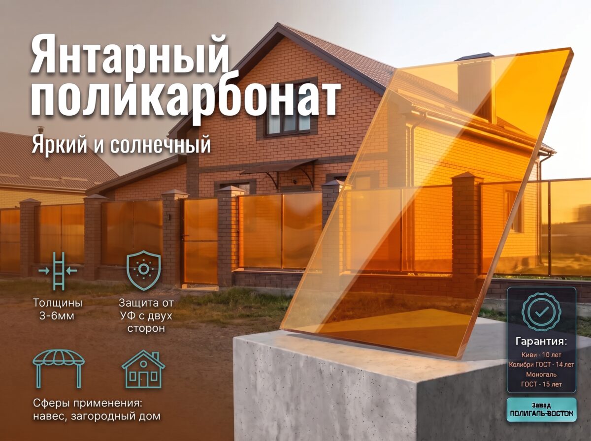 Поликарбонат монолитный 4 мм Колибри янтарный 30% 2050х3050мм