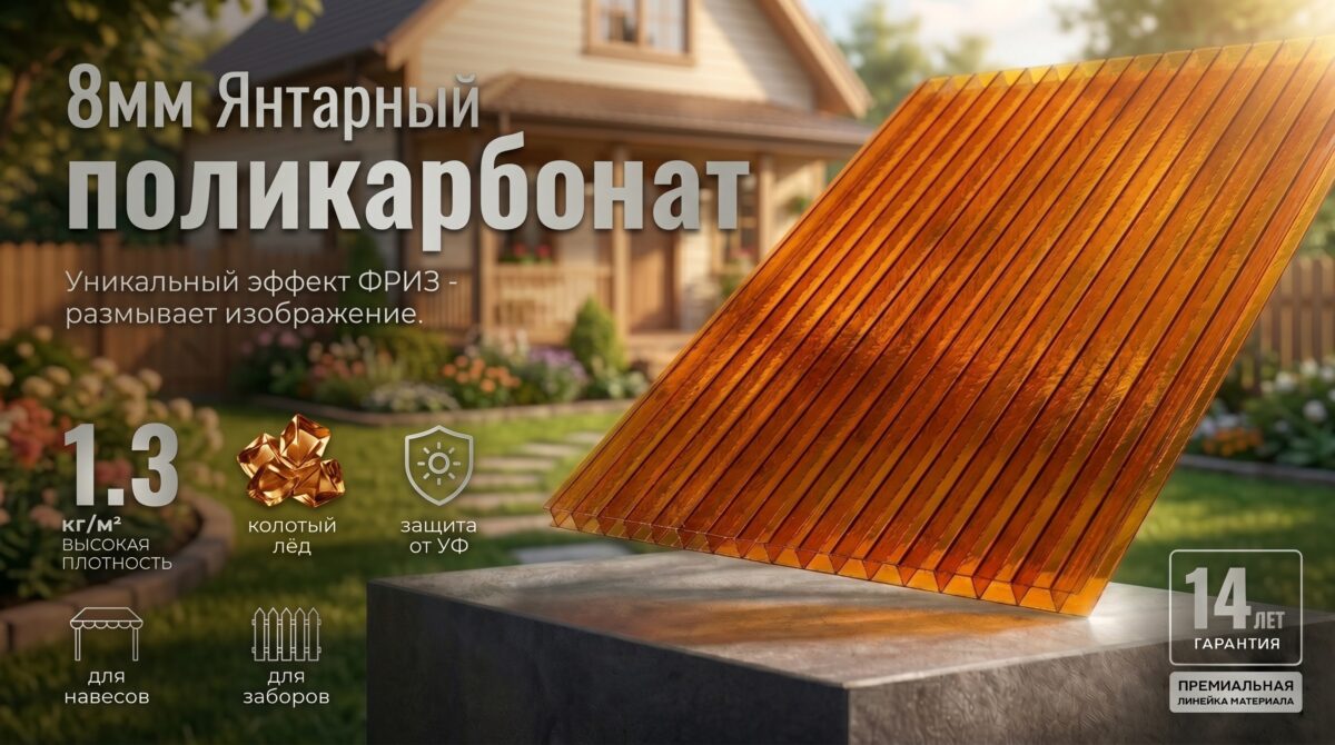 Сотовый поликарбонат 8 мм янтарный ФРИЗ 25% Практичный 2100*12000мм